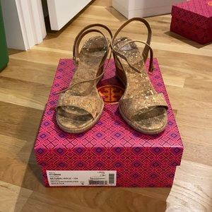 Tory Burch size 9 gold and cork wedges